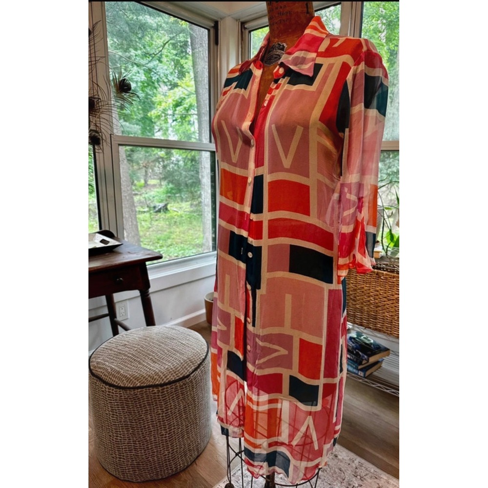 DVF Diane von Furstenberg Silk Sheer Duster Shirt Dress Geo Abstract Mod Small